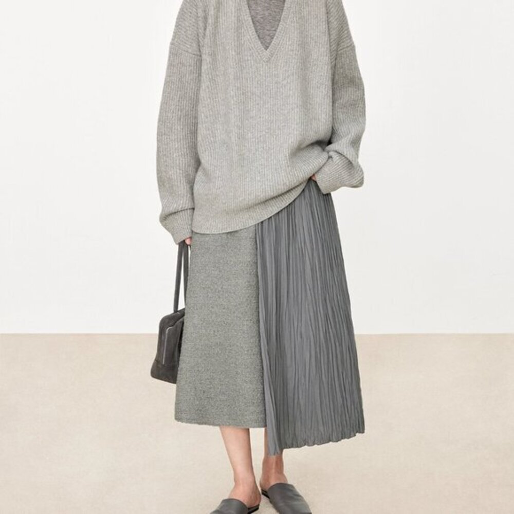 CHICJOC Women Grey Wool Blend Pleated Skirt Size 38 NWT